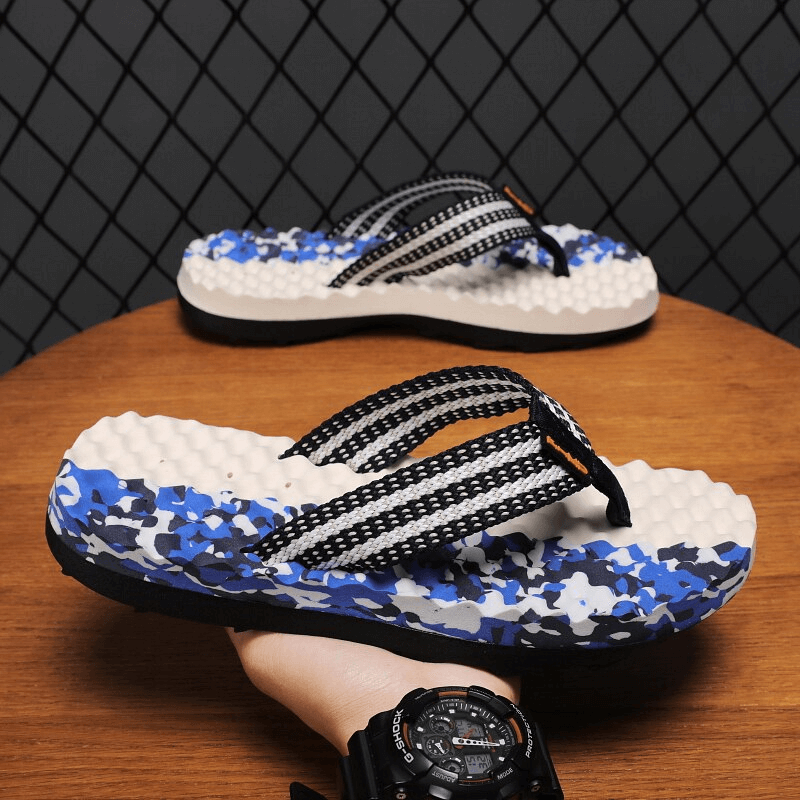 Men's Stylish Non-Slip Massage Slippers with Blue Camouflage Pattern - Perfect Beach Shoes